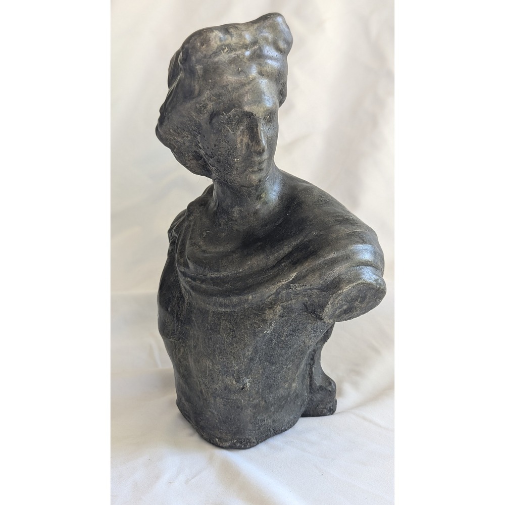 Vintage Classical Greco-Roman Draped Bust Sculpture Dark Charcoal 10.5 Inch